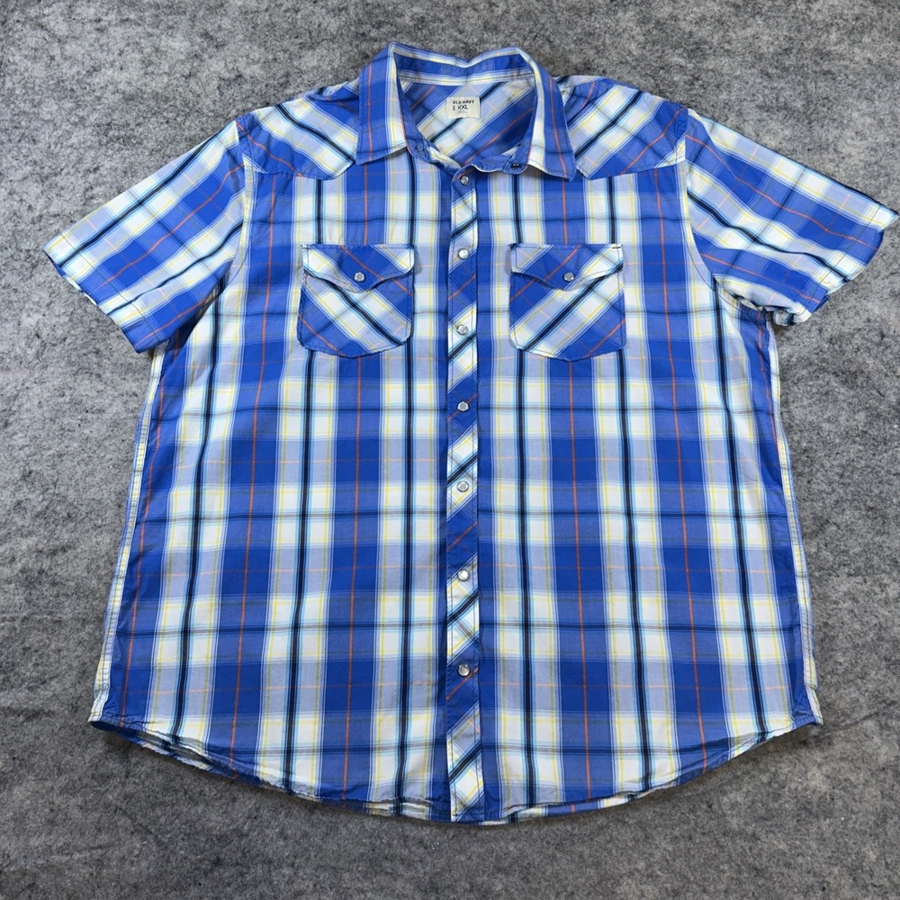 Old Navy Shirt Men's XXL Blue Plaid‎ Pearl Snap Western Cowboy Short Sleeve